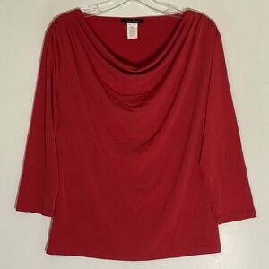 Jennie & Marlis Top Womens Medium Red 3/4 Sleeve Drape Neck Classic Stretchy Fun
